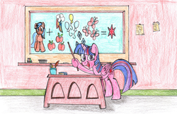 Size: 1600x1038 | Tagged: safe, artist:fleximusprime, derpibooru import, twilight sparkle, twilight sparkle (alicorn), alicorn, g4, chalkboard, classroom, solo, traditional art