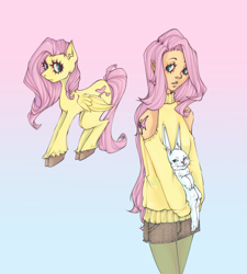 Size: 2268x2520 | Tagged: safe, artist:takifug4, derpibooru import, angel bunny, fluttershy, human, pegasus, pony, rabbit, animal, clothes, cute, duo, female, gradient background, humanized, leggings, male, mare, shorts, shyabetes, sweater, sweatershy, tattoo, unshorn fetlocks