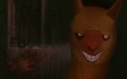 Size: 2278x1434 | Tagged: safe, artist:hitsuji, derpibooru import, edit, paprika paca, alpaca, them's fightin' herds, community related, creepy, creepy smile, creepypasta, looking at you, photo, photo manipulation, smile dog, smiling, solo