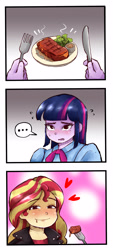 Size: 1435x3184 | Tagged: safe, artist:chinmissouri, derpibooru import, sunset shimmer, twilight sparkle, human, equestria girls, g4, ..., comic, floating heart, food, heart, meat, omnivore sunset