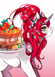 Size: 1516x2144 | Tagged: safe, artist:krissstudios, artist:shamy-crist, derpibooru import, oc, oc only, oc:yuko, pony, unicorn, cake, female, food, gradient background, horn, mare, solo