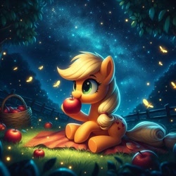 Size: 736x736 | Tagged: safe, ai content, derpibooru import, machine learning generated, applejack, earth pony, pony, g4, apple, basket, blanket, cute, eating, female, food, grass, happy, hatless, jackabetes, mare, missing accessory, night, outdoors, prompter:nightofcore, sitting, sky, solo, stars, tree