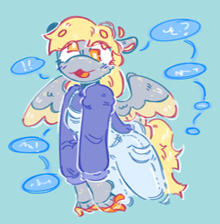 Size: 1329x1352 | Tagged: safe, artist:tottallytoby, derpibooru import, derpy hooves, anthro, pegasus, g4, :3, alternate design, beanbrows, blonde, blonde mane, blonde tail, blue background, blush lines, blushing, clothes, colored eyebrows, colored hooves, colored pinnae, colored wings, colored wingtips, commission, denim, derp, doodle, ear freckles, ears, exclamation point, eye clipping through hair, eyebrows, eyebrows visible through hair, eyelashes, female, floppy ears, freckles, gray coat, hand freckles, heterochromia, hoof hands, hooves, long sleeves, long tail, mare, open mouth, open smile, overalls, shiny mane, shiny tail, simple background, smiling, solo, speech bubble, spread wings, sweater, tail, turtleneck, turtleneck sweater, two toned wings, white pupils, wing freckles, wings, yellow hooves, yellow wingtips