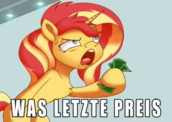 Size: 2048x1448 | Tagged: safe, artist:bluishdraft, derpibooru import, sunset shimmer, pony, unicorn, female, german, horn, mare, meme, ponified, ponified meme, shut up and take my money, solo, was letzte preis