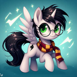 Size: 755x755 | Tagged: safe, ai content, derpibooru import, machine learning generated, alicorn, pony, clothes, glasses, harry potter, harry potter (series), male, prompter needed, scarf, solo, striped scarf