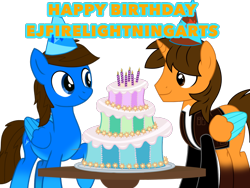 Size: 1024x768 | Tagged: safe, artist:bluemario11, derpibooru import, oc, oc only, oc:blue thunder, oc:ej, alicorn, pegasus, alicorn oc, birthday cake, cake, duo, food, happy birthday, horn, male, simple background, transparent background, wings