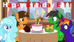 Size: 1920x1080 | Tagged: safe, artist:star-armour95, derpibooru import, oc, oc only, oc:ej, oc:jemimasparkle, oc:rainbow flower, oc:star armour, alicorn, pegasus, unicorn, g4, cake, chair, food, happy birthday, horn, present, sink, table, window