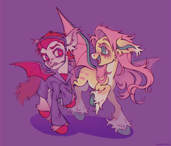 Size: 1619x1383 | Tagged: safe, artist:emobricosss, derpibooru import, part of a set, fluttershy, bat pony, pony, undead, vampire, vampony, g4, alternate design, alternate eye color, bags under eyes, bat ponified, big ears, bipedal, blushing, cheek fluff, clothes, coat, coat markings, colored belly, colored eartips, colored eyebrows, colored eyelashes, colored hooves, colored pinnae, colored wings, countershading, crossover, cute, duo, duo male and female, ear fluff, ear tufts, ears, facial markings, fangs, female, fetlock tuft, flutterbat, freckles, frown, gradient ears, hooves, long description, long tail, male, mare, mighty mighty monsters, open mouth, open smile, orthodontic headgear, pale belly, pink eyelashes, pink mane, pink tail, ponified, popped collar, purple background, purple eyes, race swap, raised hoof, raised leg, red eyelashes, red hooves, red mane, red tail, running, shadow, shirt, short mane, shyabetes, simple background, smiling, snip (coat marking), socks (coat marking), species swap, spiky mane, spiky tail, spread wings, standing, standing on one leg, tail, teal eyes, teal hooves, teenager, two toned wings, vlad (mighty mighty monsters), wall of tags, white belly, white coat, white pupils, wings, yellow coat