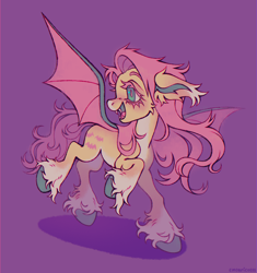 Size: 1300x1383 | Tagged: safe, artist:emobricosss, derpibooru import, part of a set, fluttershy, bat pony, pony, g4, alternate design, alternate eye color, bat ponified, big ears, blushing, cheek fluff, coat markings, colored belly, colored eartips, colored eyebrows, colored eyelashes, colored hooves, colored pinnae, colored wings, countershading, cute, ear fluff, ears, facial markings, fangs, female, flutterbat, hooves, long description, mare, open mouth, open smile, pale belly, pink eyelashes, pink mane, pink tail, purple background, race swap, raised hoof, raised leg, running, shadow, shyabetes, simple background, smiling, snip (coat marking), socks (coat marking), solo, spiky mane, spiky tail, spread wings, standing, standing on one leg, tail, teal eyes, teal hooves, two toned wings, white belly, white pupils, wings, yellow coat