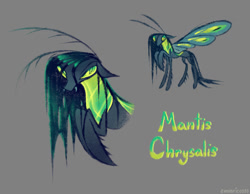 Size: 811x629 | Tagged: safe, artist:emobricosss, derpibooru import, part of a set, queen chrysalis, changeling, changeling queen, mantis, mantis pony, g4, alternate design, antennae, blue teeth, bug anatomy, bust, carapace, claws, colored sclera, colored sketch, colored teeth, ears, fangs, female, floppy ears, gray background, gray coat, green eyes, green mane, green sclera, green text, insect wings, lineless, long mane, mantis claws, mantis wings, narrowed eyes, redesign, shiny mane, signature, simple background, sketch, slender, solo, standing, text, thin, thin legs, wall of tags, wings