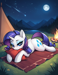 Size: 800x1024 | Tagged: safe, ai content, derpibooru import, generator:pony diffusion v6 xl, generator:stable diffusion, machine learning generated, rarity, g4, campfire, pillow, prompter:thelight3d