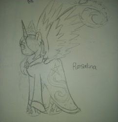 Size: 3000x3095 | Tagged: safe, artist:lindasaurie, derpibooru exclusive, derpibooru import, alicorn, pony, clothes, crown, dress, female, horn, jewelry, mare, nintendo, one eye covered, ponified, regalia, rosalina, shoes, sketch, smiling, species swap, spread wings, super mario galaxy, traditional art, wings