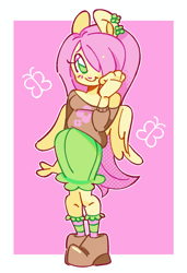 Size: 812x1189 | Tagged: safe, artist:shrimpnurse, derpibooru import, fluttershy, human, g4, alternate eye color, blush sticker, blushing, boots, clothes, colored eyebrows, cute, ear piercing, eared humanization, earring, eyelashes, eyeshadow, female, frilly socks, green eyes, green skirt, hair over one eye, halftone, humanized, jewelry, kneesocks, lidded eyes, long hair, makeup, off shoulder, off shoulder sweater, partially open wings, passepartout, pencil skirt, piercing, pink eyeshadow, pink hair, raised arm, screentone, shiny hair, shoes, shoulderless, shyabetes, simple background, skirt, smiling, socks, solo, standing, straight hair, striped socks, sweater, thin, white background, winged humanization, wings, yellow skin