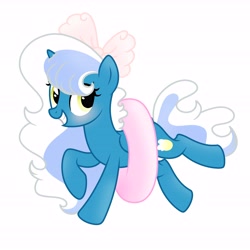 Size: 6890x6890 | Tagged: safe, artist:riofluttershy, derpibooru import, oc, oc only, oc:fleurbelle, alicorn, pony, alicorn oc, blushing, bow, female, golden eyes, hair bow, horn, inner tube, mare, pink bow, pool toy, simple background, solo, tail, trotting, two toned hair, two toned mane, two toned tail, white background, wings