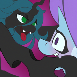 Size: 3000x3000 | Tagged: safe, artist:luanbang, derpibooru import, queen chrysalis, trixie, changeling, changeling queen, bedroom eyes, blushing, female, green eyes, horn, meme, shipping