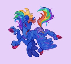 Size: 1112x1007 | Tagged: safe, artist:gothamsfinestdummy, derpibooru import, rainbow dash, pegasus, pony, g4, alternate coat color, alternate cutie mark, alternate design, big ears, blue coat, colored hooves, colored lineart, colored pinnae, colored pupils, ears, female, flowing mane, flowing tail, flying, hooves, long mane, long tail, mare, multicolored hair, multicolored mane, multicolored tail, narrowed eyes, pink eyes, pink hooves, purple background, purple pupils, rainbow hair, rainbow tail, raised hoof, raised leg, shiny hooves, shiny mane, shiny tail, shiny wings, signature, simple background, solo, sparkly wings, tail, underhoof, unshorn fetlocks, wings