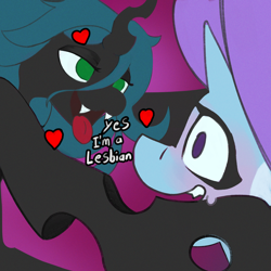 Size: 3000x3000 | Tagged: safe, artist:luanbang, derpibooru import, queen chrysalis, trixie, blushing, female, green eyes, heart, horn, purple eyes, shipping, text