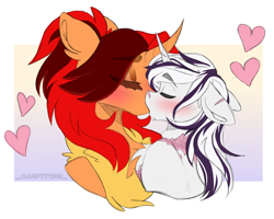 Size: 2500x2000 | Tagged: safe, artist:_candypone_, derpibooru import, oc, oc:polina star, oc:yiazmat, dracony, dragon, hybrid, unicorn, bust, chest fluff, couple, french kiss, heart, horn, hybrid oc, kissing, scar, shipping, unicorn oc