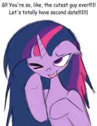 Size: 750x969 | Tagged: safe, artist:npcmoding, derpibooru import, twilight sparkle, unicorn twilight, pony, unicorn, g4, blush lines, blushing, cute, ears, female, floppy ears, horn, human shoulders, meme, not porn, one eye closed, solo, wink