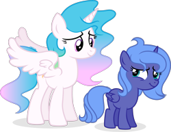 Size: 3905x3011 | Tagged: safe, artist:cirillaq, derpibooru import, princess celestia, princess luna, alicorn, pony, g4, cewestia, duo, duo female, female, filly, foal, royal sisters, siblings, simple background, sisters, transparent background, woona, younger