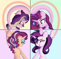 Size: 4000x3880 | Tagged: safe, artist:morello, derpibooru import, oc, oc only, oc:dawn light (ice1517), oc:dusk fire (ice1517), oc:evening glitter, oc:shadow shine, pony, unicorn, brother and sister, commission, ear piercing, earring, female, glasses, grin, heart, horn, icey-verse, jewelry, magical lesbian spawn, male, mare, multicolored hair, offspring, one eye closed, open mouth, parent:starlight glimmer, parent:sunset shimmer, parents:shimmerglimmer, piercing, siblings, sisters, smiling, stallion, tattoo, twins, wink, ych result