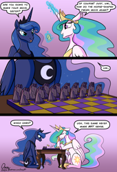 Size: 1582x2328 | Tagged: safe, artist:omny87, derpibooru import, princess celestia, princess luna, alicorn, pony, g4, 3 panel comic, board game, cel shading, chess, chess piece, colored, comic, confused, confusion, crown, duo, duo female, english, female, glowing, glowing horn, gradient background, height difference, hoof shoes, horn, jewelry, magic, magic aura, mare, peytral, princess shoes, regalia, royal sisters, shading, siblings, sisters, sitting, speech bubble, table, talking, telekinesis, wings