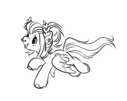 Size: 3827x3027 | Tagged: safe, artist:opalacorn, derpibooru import, oc, oc only, oc:void, pegasus, pony, black and white, ear tufts, female, flying, grayscale, grin, laurel wreath, lineart, mare, mole, monochrome, nose piercing, nose ring, piercing, simple background, smiling, solo, white background