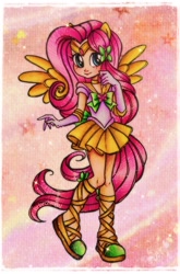 Size: 1353x2048 | Tagged: safe, artist:dariarchangel, derpibooru import, fluttershy, human, equestria girls, g4, big eyes, blushing, bow, butterfly hairpin, choker, clothes, cute, element of kindness, female, gloves, human coloration, humanized, jewelry, long gloves, long hair, long legs, miniskirt, pink hair, ponied up, pony ears, sailor fluttershy, sailor moon (series), sailor senshi, sailor uniform, shy, shy smile, shyabetes, skirt, smiling, solo, sparkles, spread wings, stars, thin, tiara, traditional art, uniform, winged humanization, wings, yellow wings