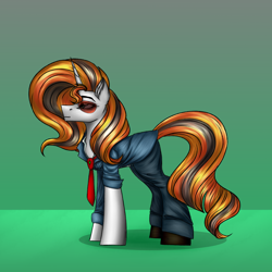 Size: 3000x3000 | Tagged: safe, artist:darklight1315, derpibooru import, oc, oc:solar prism, pony, unicorn, fallout equestria, aviator sunglasses, boots, clothes, concept art, denim, disguise, fallout equestria: mayday, horn, jacket, jeans, necktie, pants, pre-war, shoes, solo, sunglasses, talisman