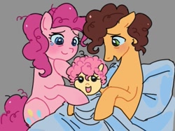 Size: 667x500 | Tagged: safe, artist:dulcesilly, derpibooru import, cheese sandwich, li'l cheese, pinkie pie, earth pony, pony, baby, baby pony, bed, blushing, cheesepie, family, female, foal, gray background, implied male pregnancy, in bed, male, messy mane, open mouth, open smile, shipping, simple background, smiling, straight, swaddled baby, teary eyes, trio