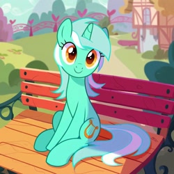 Size: 1024x1024 | Tagged: safe, ai content, derpibooru import, machine learning generated, lyra heartstrings, pony, background pony, bench, cute, looking at you, ponyville, prompter needed, sitting, solo