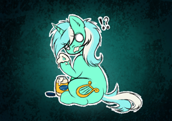 Size: 2480x1748 | Tagged: safe, artist:sweetpea-and-friends, derpibooru import, lyra heartstrings, pony, unicorn, g4, blank eyes, caught, eating, exclamation point, female, food, horn, interrobang, l.u.l.s., looking at you, looking back, looking back at you, looking over shoulder, mare, mayonnaise, question mark, sauce