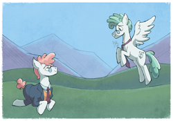 Size: 2992x2096 | Tagged: safe, artist:bkiltersot, derpibooru import, feather flatterfly, svengallop, earth pony, pegasus, pony, g4, clothes, duo, duo male, floating, flying, gay, high res, looking at each other, looking at someone, lying down, male, necktie, passepartout, ship:feathergallop, shipping, signature, stallion, suit, wings