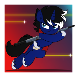 Size: 5000x5000 | Tagged: safe, artist:jhayarr23, derpibooru import, oc, oc only, oc:night reader, bat pony, hybrid, unicorn, bat pony oc, clothes, commission, gradient background, gun, handgun, horn, hybrid oc, passepartout, pistol, running, scarf, solo, suppressor, unicorn oc, weapon, ych result