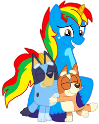 Size: 562x701 | Tagged: safe, artist:shieldwingarmorofgod, derpibooru import, oc, oc:shield wing, alicorn, dog, bingo heeler, bluey, bluey heeler, female, male, simple background, transparent background, trio