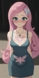 Size: 512x1024 | Tagged: safe, ai content, derpibooru import, machine learning generated, fluttershy, human, equestria girls, g4, arm behind back, bare shoulders, beautiful, blush lines, blushing, breasts, butterfly hairpin, clothes, curvy, cute, cyan eyes, dress, female, female focus, focus, hairpin, hand behind back, hootershy, humanized, jewelry, light skin, lips, long hair, looking at you, necklace, pink hair, prompter:narica, reasonably sized breasts, shy, shyabetes, smiling, smiling at you, solo, solo focus, standing, tattoo, very long hair