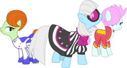 Size: 5607x3000 | Tagged: safe, artist:cloudy glow, derpibooru import, photo finish, soigne folio, stella lashes, earth pony, pony, g4, green isn't your color, female, mare, simple background, transparent background, trio, trio female, vector