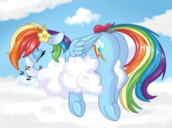 Size: 3000x2229 | Tagged: safe, artist:marbatra, derpibooru import, rainbow dash, pegasus, pony, g4, bow, butt, cloud, dock, eyes closed, flower, flower in hair, frog (hoof), on a cloud, onomatopoeia, open mouth, plot, rainbutt dash, sleeping, sleeping on a cloud, sleepydash, solo, sound effects, tail, tail bow, underhoof, zzz