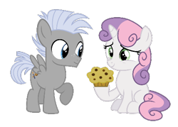 Size: 494x353 | Tagged: safe, derpibooru import, edit, chipcutter, sweetie belle, pegasus, pony, unicorn, g4, blank flank, chipbelle, chocolate chip muffin, colt, duo, duo male and female, female, filly, foal, food, generosity, horn, male, muffin, raised hoof, raised leg, shipping, simple background, sitting, spread wings, straight, transparent background, vector, vector edit, wings