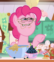 Size: 500x574 | Tagged: safe, artist:umsx, derpibooru import, edit, edited screencap, screencap, pinkie pie, g4, secrets and pies, batter, blueberry, candy, egg beater, food, just one bite, kitchen, lollipop, meme, reference, solo, spongebob reference, spongebob squarepants, strawberry, you like krabby patties don't you squidward?