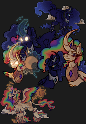 Size: 1640x2360 | Tagged: safe, artist:mercedeskenny, derpibooru import, princess celestia, princess luna, alicorn, pony, g4, alternate design, colored wings, curved horn, duo, duo female, female, glowing, glowing eyes, gray background, hock fluff, horn, leg fluff, mare, multicolored hair, multicolored wings, rainbow hair, rainbow wings, royal sisters, siblings, simple background, sisters, wing fluff, wings