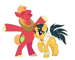 Size: 606x490 | Tagged: safe, derpibooru import, edit, big macintosh, cleopatra jazz, earth pony, pony, bipedal, crack shipping, duo, duo male and female, eyes closed, female, happy, macjazz, male, mare, open mouth, open smile, shipping, simple background, smiling, stallion, straight, transparent background, vector, vector edit