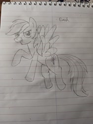 Size: 3060x4080 | Tagged: safe, artist:sewaddle36, derpibooru exclusive, derpibooru import, rainbow dash, pegasus, pony, g4, female, flying, lined paper, looking at you, pencil drawing, solo, traditional art