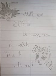 Size: 2384x3204 | Tagged: safe, artist:sewaddle36, derpibooru exclusive, derpibooru import, twilight sparkle, pony, unicorn, g4, dragon ball, duo, duo male and female, female, horn, lined paper, looking at you, male, note, pencil drawing, pun, saiyan, son goku, text, traditional art