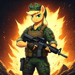 Size: 1024x1024 | Tagged: safe, ai content, derpibooru import, machine learning generated, applejack, anthro, earth pony, g4, applejacked, assault rifle, clothes, cosplay, costume, explosion, fatigues, female, fingerless gloves, g.i. joe, generator:google imagen 3.0, gloves, gun, leatherneck, marine, marines, military uniform, muscles, prompter:zerowinger, rifle, smiling, smirk, solo, uniform, weapon