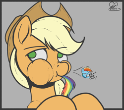 Size: 3512x3116 | Tagged: safe, artist:macromousie, derpibooru import, applejack, rainbow dash, earth pony, pony, g4, annoyed, cheek bulge, chewing, duo, duo female, eating, female, giant pony, giantess, macro, mare, micro, predajack, preydash, tail, tail sticking out, tiny, tiny ponies, vore