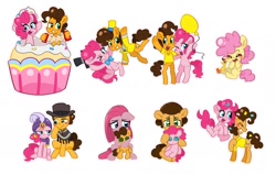 Size: 2282x1455 | Tagged: safe, artist:rlabbiy, derpibooru import, boneless, cheese sandwich, li'l cheese, pinkie pie, earth pony, pony, g4, accordion, balloon, cheese sandwich plushie, clothes, colt, female, foal, giant cupcake, grin, hat, looking at each other, looking at someone, madame pinkie, male, mare, musical instrument, one eye closed, open mouth, outline, pinkamena diane pie, pinkie pie plushie, plushie, poncho, scarf, simple background, smiling, stallion, suit, white background, white outline, wink, younger