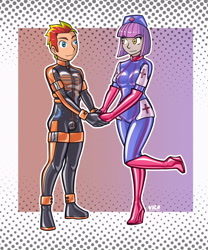 Size: 2658x3189 | Tagged: safe, artist:vanessarubberart, derpibooru import, oc, oc only, oc:fireheart(fire), oc:nurse lavender blossom, human, equestria girls, g4, alternate universe, boots, clothes, duo, duo male and female, equestria girls-ified, female, fireheart76's latex suit design, gloves, latex, latex boots, latex gloves, latex suit, male, prisoners of the moon, rubber, rubber boots, rubber gloves, rubber suit, shoes