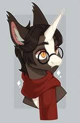 Size: 649x994 | Tagged: safe, artist:sararini, derpibooru import, oc, oc:moonstone, pony, unicorn, bust, glasses, horn, male, portrait, solo, stallion