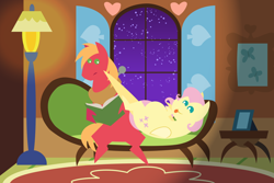 Size: 2160x1440 | Tagged: safe, anonymous artist, derpibooru import, big macintosh, fluttershy, earth pony, pegasus, pony, series:fm holidays, g4, :p, alternate hairstyle, belly, big belly, book, duo, duo male and female, female, fluttermac, fluttershy's cottage, fluttershy's cottage (interior), hoof hold, lying down, male, mare, on back, pointy ponies, poking, preggoshy, pregnant, shipping, short mane, silly, sitting, smiling, sofa, stallion, straight, tongue, tongue out